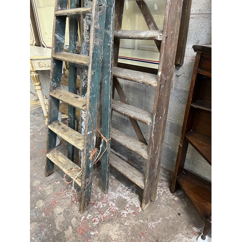 2 - Three sets of vintage painted pine step ladders