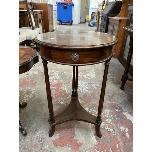 64 - Two side tables, one mahogany circular and one Italian style inlaid walnut effect
