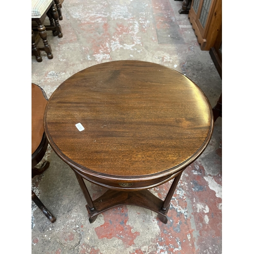 64 - Two side tables, one mahogany circular and one Italian style inlaid walnut effect