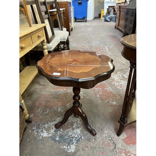 64 - Two side tables, one mahogany circular and one Italian style inlaid walnut effect