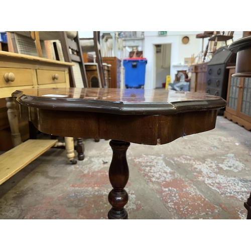 64 - Two side tables, one mahogany circular and one Italian style inlaid walnut effect