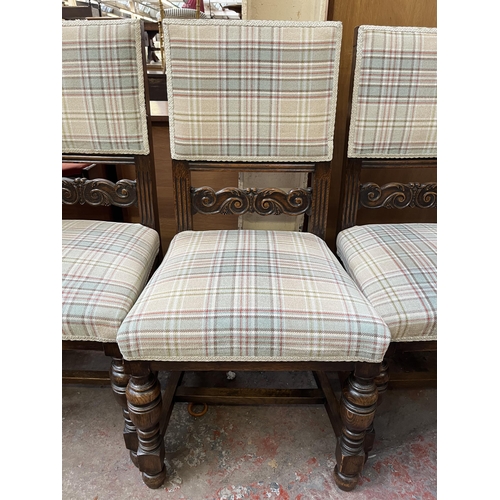 81 - Five carved oak and tartan fabric upholstered dining chairs