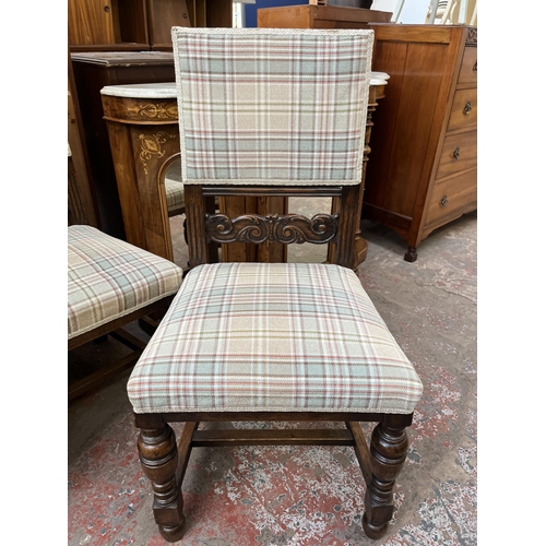 81 - Five carved oak and tartan fabric upholstered dining chairs