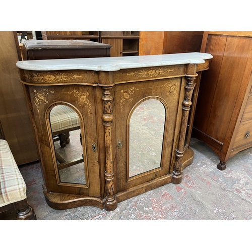 82 - A Victorian inlaid walnut and marble top mirrored credenza - approx. 85cm high x 122cm wide x 37cm d... 