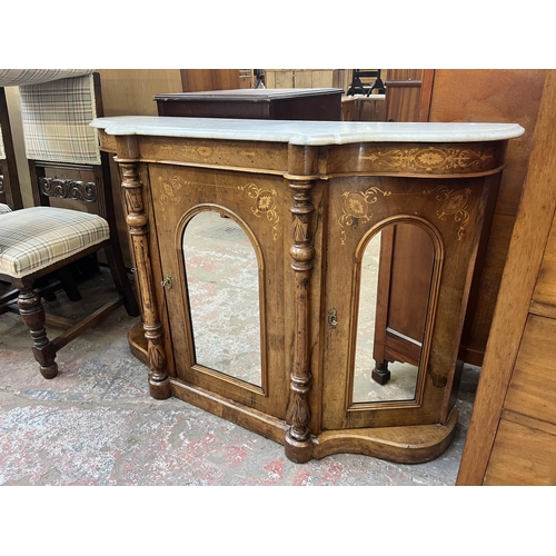 82 - A Victorian inlaid walnut and marble top mirrored credenza - approx. 85cm high x 122cm wide x 37cm d... 
