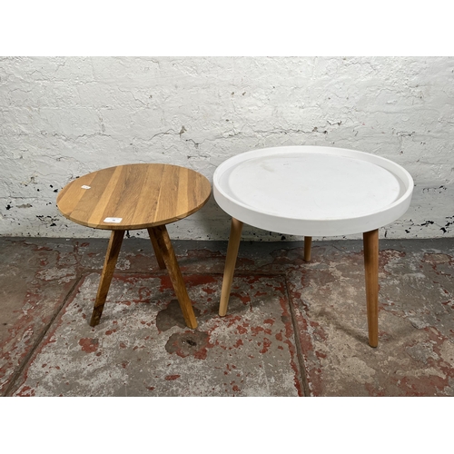 98 - Two modern circular side tables, one oak - approx. 40cm high x 40cm diameter and one white plastic a... 