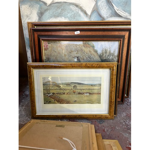 230 - A collection of framed pictures to include early 20th century oil on board of a seascape near Whitby... 