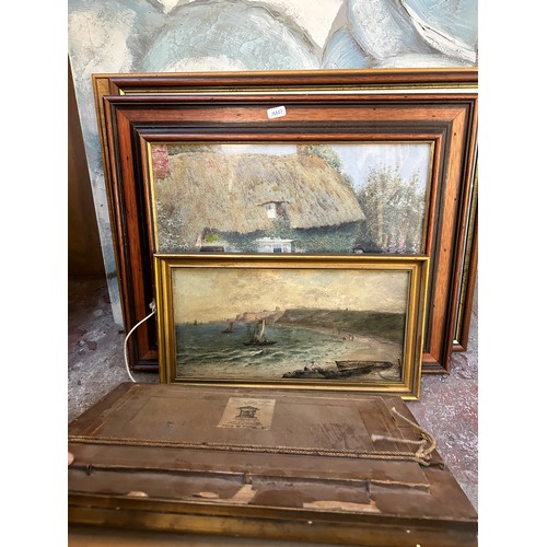 230 - A collection of framed pictures to include early 20th century oil on board of a seascape near Whitby... 