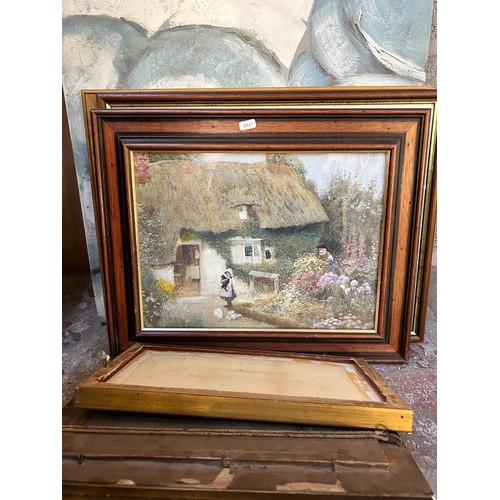 230 - A collection of framed pictures to include early 20th century oil on board of a seascape near Whitby... 