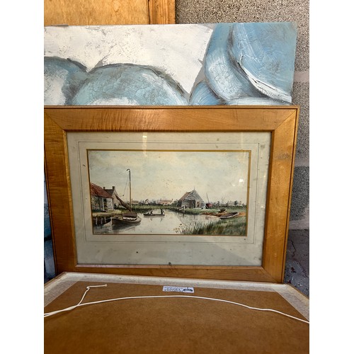 230 - A collection of framed pictures to include early 20th century oil on board of a seascape near Whitby... 