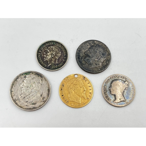 2206 - Five precious metal coins, one 90% gold 1862 French five francs, one 92.5% silver 1897 South African... 