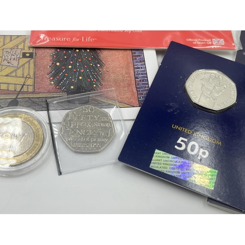 2213 - A collection of British coins to include three sealed The Royal Mint Beatrix Potter 150th Anniversar... 