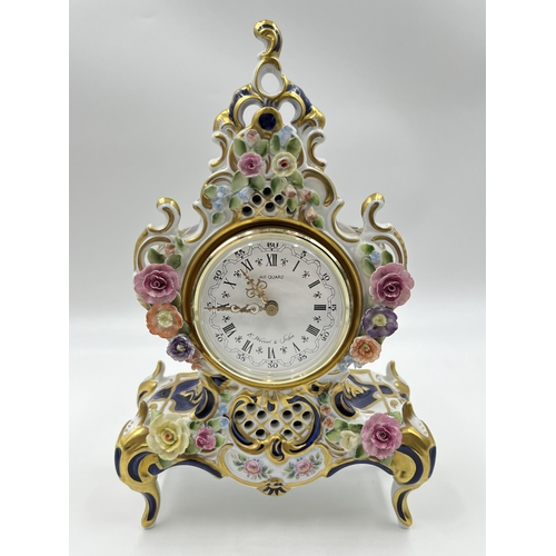 290 - A Porzellanfabrik Sandizell, Höffner & Co. Reine Handarbeit porcelain hand painted mantel clock with... 