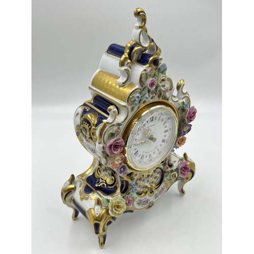 290 - A Porzellanfabrik Sandizell, Höffner & Co. Reine Handarbeit porcelain hand painted mantel clock with... 