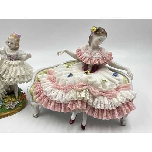 300 - Two German lace porcelain figurines, one Dresden seated ballerina and one Volkstedt