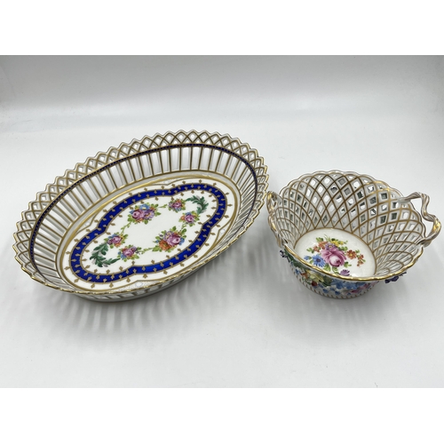 301 - Two Dresden hand painted and pierced porcelain baskets - largest approx. 6cm high x 25cm long x 18cm... 