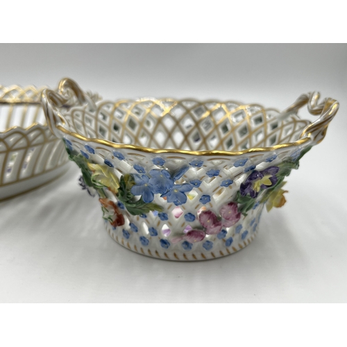 301 - Two Dresden hand painted and pierced porcelain baskets - largest approx. 6cm high x 25cm long x 18cm... 