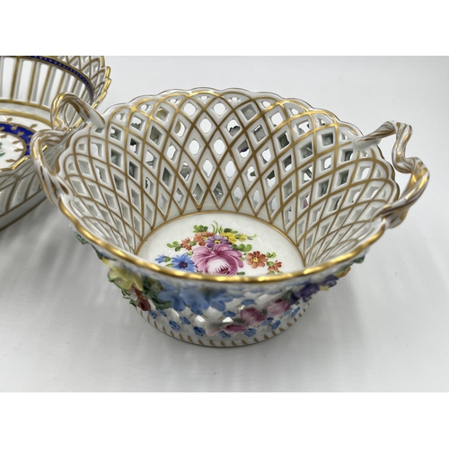 301 - Two Dresden hand painted and pierced porcelain baskets - largest approx. 6cm high x 25cm long x 18cm... 