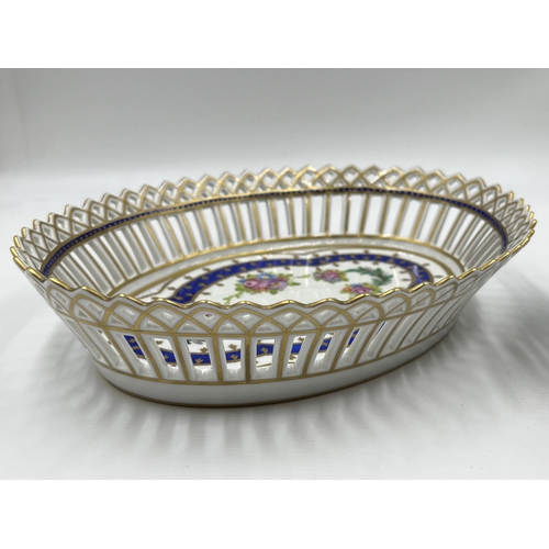 301 - Two Dresden hand painted and pierced porcelain baskets - largest approx. 6cm high x 25cm long x 18cm... 