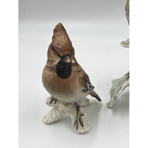 307 - Three Goebel porcelain bird figurines, two Waxwings and one Song Thrush - largest approx. 17cm high