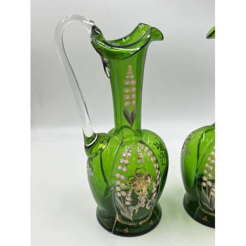 313 - Three pieces of 19th century glassware, one Venetian decanter with silver overlay and a pair of gree... 