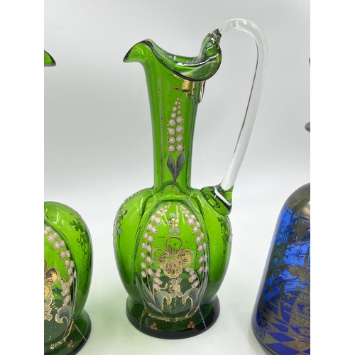 313 - Three pieces of 19th century glassware, one Venetian decanter with silver overlay and a pair of gree... 