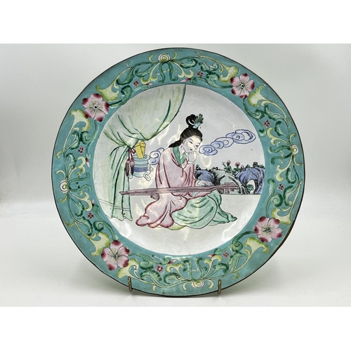 331 - An antique Oriental hand painted enamel dish - approx. 28cm high