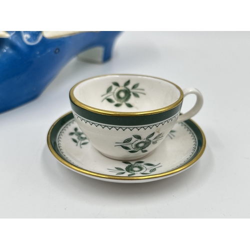 332A - Six pieces of pottery, Wedgwood Wild Strawberry miniature trio, Spode Green Gloucester cup and sauce... 