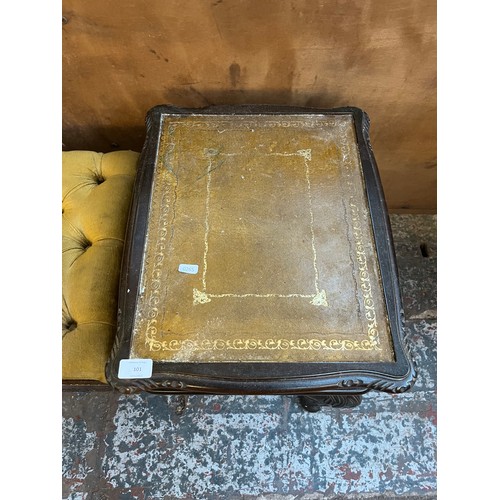 101 - A mahogany and tan leather telephone table with fabric upholstered seat