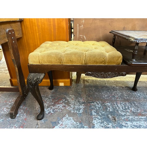 101 - A mahogany and tan leather telephone table with fabric upholstered seat