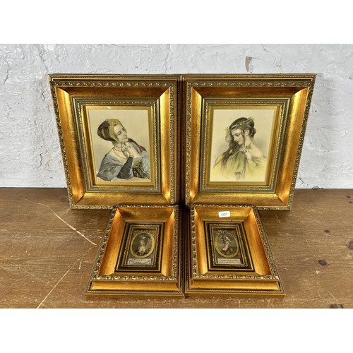 264 - Four antique gilt framed engravings, two Coeffure De Paris copper engravings and two Heroines of Sha... 