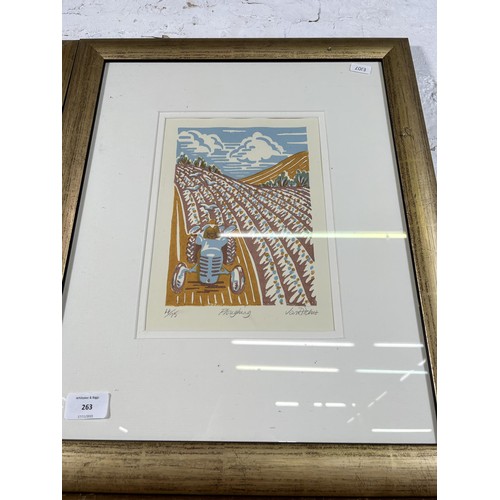 263 - Two framed Jan Ritchie original linocut pencil signed limited edition prints, Ploughing no. 4 of 75 ... 