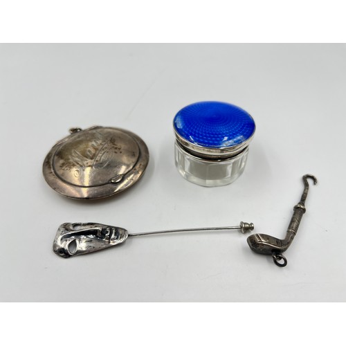 2164 - Four sterling silver items, one compact, one blue guilloche enamel lidded vanity jar, one mask hat p... 