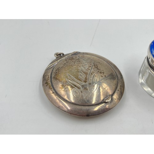 2164 - Four sterling silver items, one compact, one blue guilloche enamel lidded vanity jar, one mask hat p... 