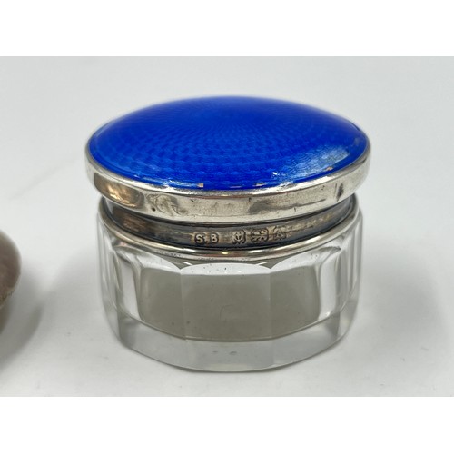 2164 - Four sterling silver items, one compact, one blue guilloche enamel lidded vanity jar, one mask hat p... 