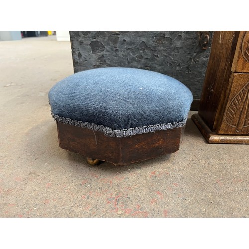 200A - Five items, Victorian pine and metal banded tool box, Victorian mahogany and green fabric footstool,... 