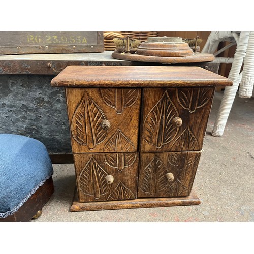 200A - Five items, Victorian pine and metal banded tool box, Victorian mahogany and green fabric footstool,... 