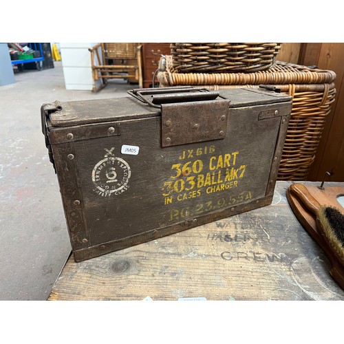 200A - Five items, Victorian pine and metal banded tool box, Victorian mahogany and green fabric footstool,... 