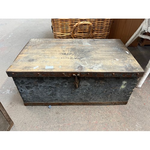 200A - Five items, Victorian pine and metal banded tool box, Victorian mahogany and green fabric footstool,... 