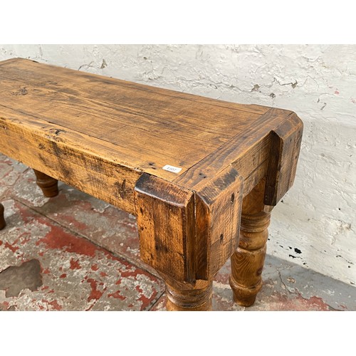 206 - A Victorian style pine farmhouse bench - approx. 48cm high x 34cm wide x 91cm long