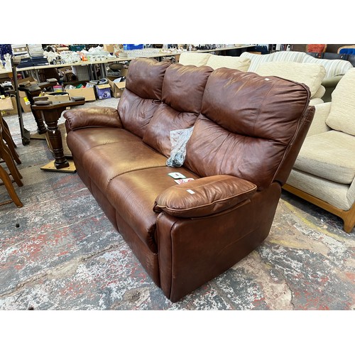 222 - A G Plan brown leather three seater sofa - approx. 101cm high x 204cm wide x 83cm deep