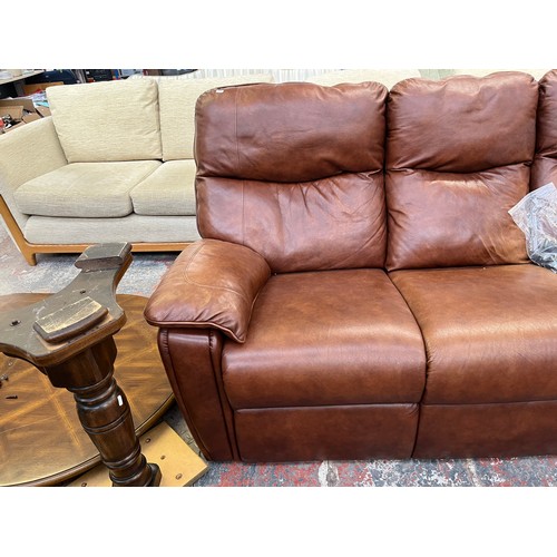 222 - A G Plan brown leather three seater sofa - approx. 101cm high x 204cm wide x 83cm deep