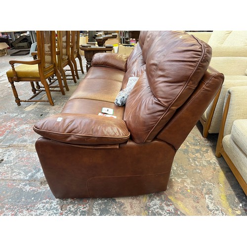 222 - A G Plan brown leather three seater sofa - approx. 101cm high x 204cm wide x 83cm deep