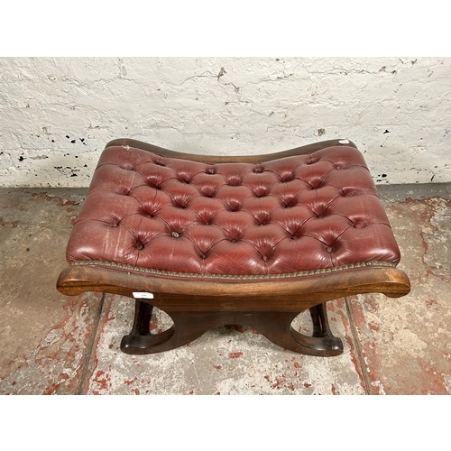 176 - A red leather and mahogany Chesterfield footstool - approx. 40cm high x 43cm wide x 68cm long