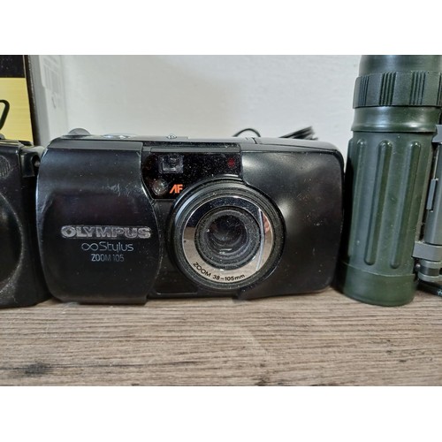 681 - Five items to include Olympus ∞ Stylus Zoom 105 (µ[mju:] Zoom 105) compact 35mm camera, Olympus XA1 ... 