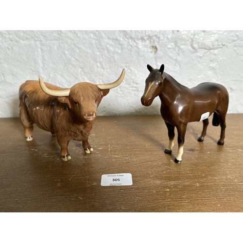 305 - Two Beswick figurines, one Highland Cow - model no. 1740 and one Horse