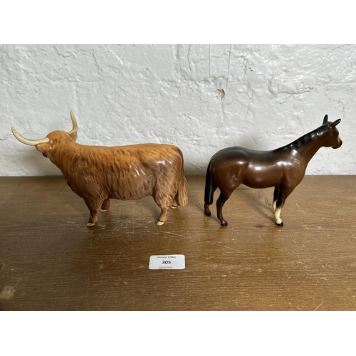 305 - Two Beswick figurines, one Highland Cow - model no. 1740 and one Horse