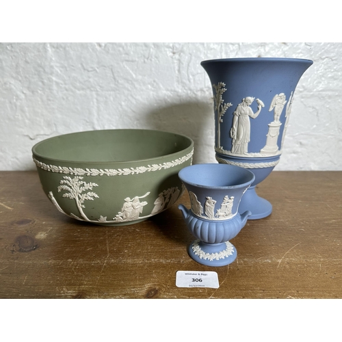 306 - Three pieces of Wedgwood Jasperware, two pale blue vases - largest approx. 19cm high and one sage gr... 