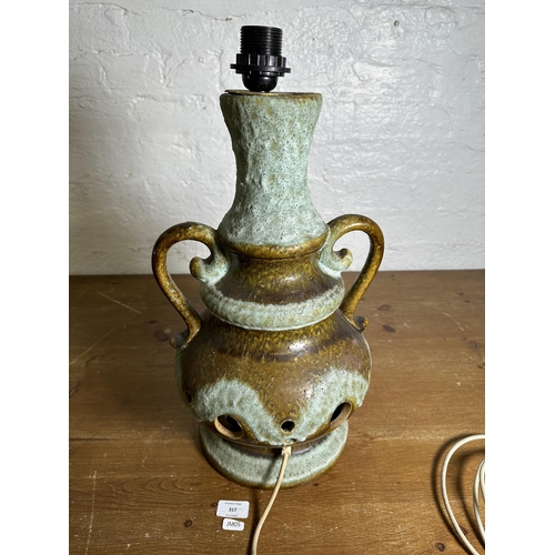 317 - A mid 20th century West German Skandesco pottery twin handled table lamp - approx. 50cm high