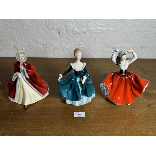 334 - Three Royal Doulton figurines, Janine HN2461, Karen HN2388 and Rachel HN2936